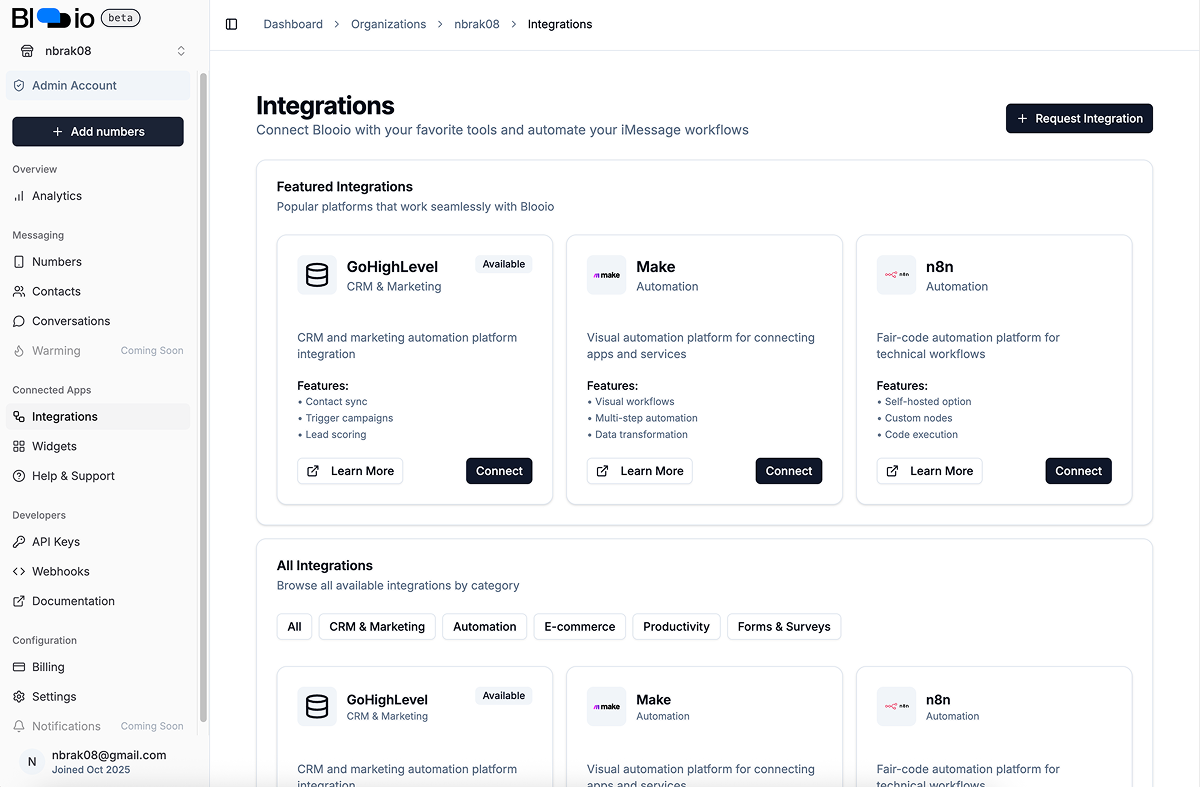 Blooio dashboard showing message analytics, performance metrics, and controls for managing enterprise messaging