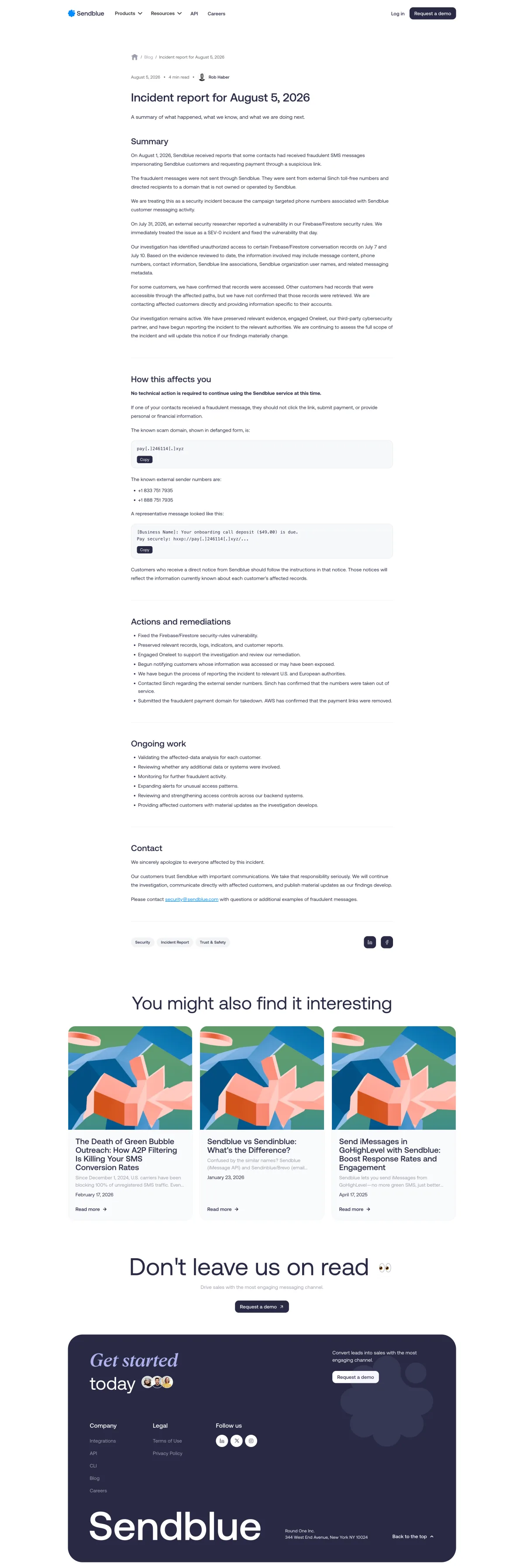 Archived copy of Sendblue's August 5, 2026 security incident report