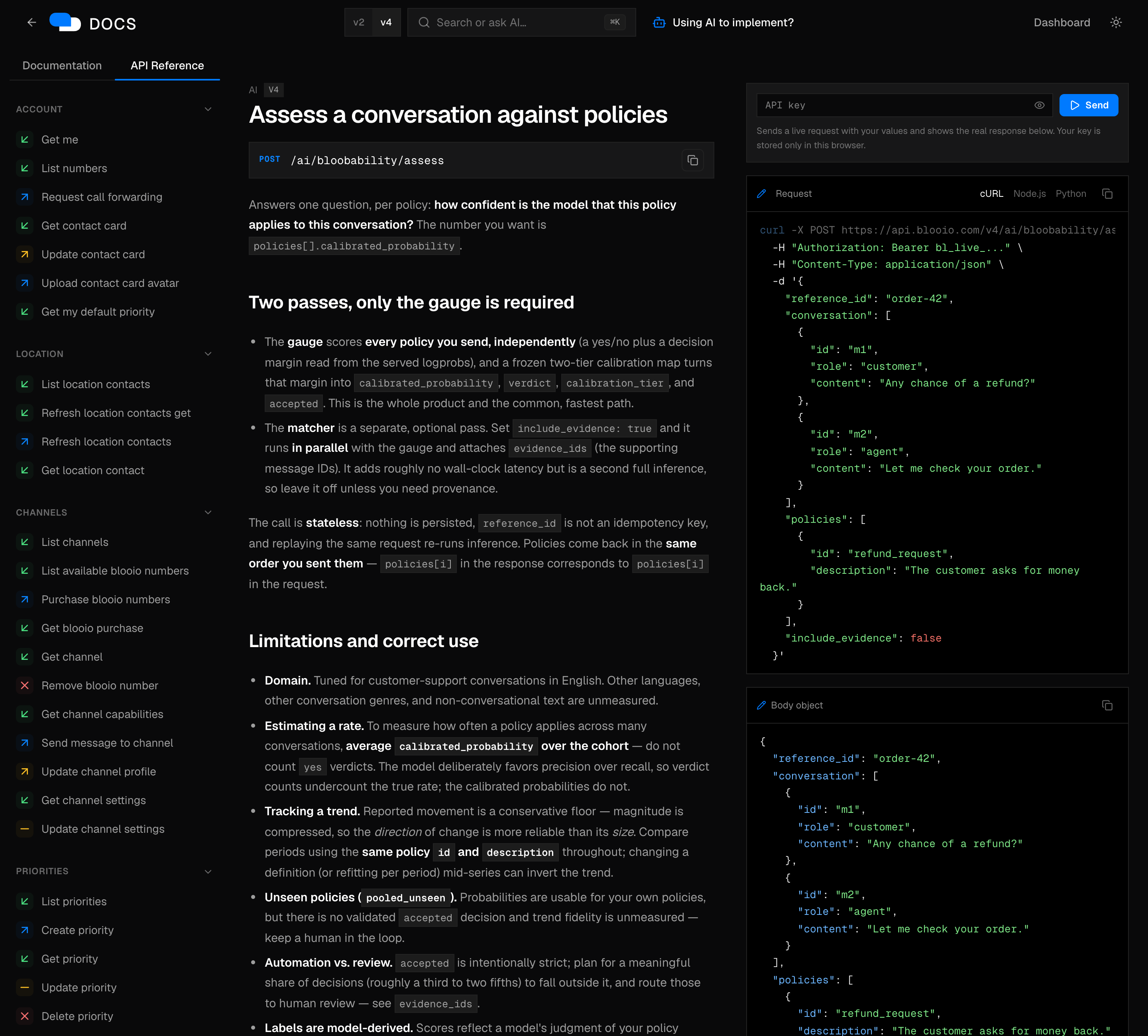 Blooio API reference for the POST /ai/bloobability/assess endpoint, showing the curl request body with conversation and policies.