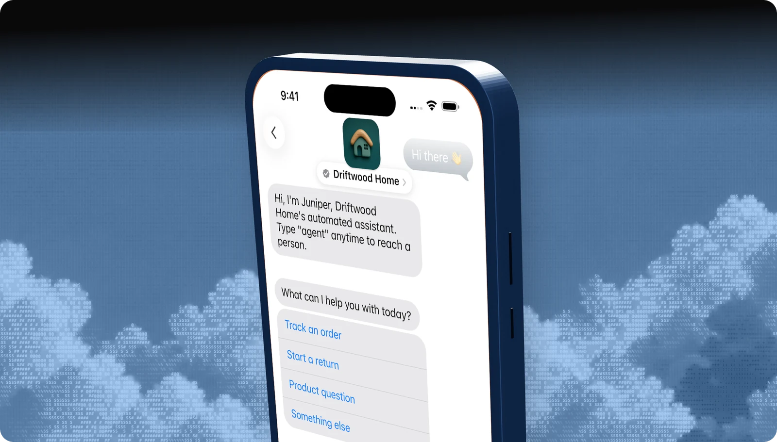 Driftwood Home conversation on an iPhone: the automated assistant introduces itself, explains the agent keyword, and offers Track an order, Start a return, Product question, and Something else