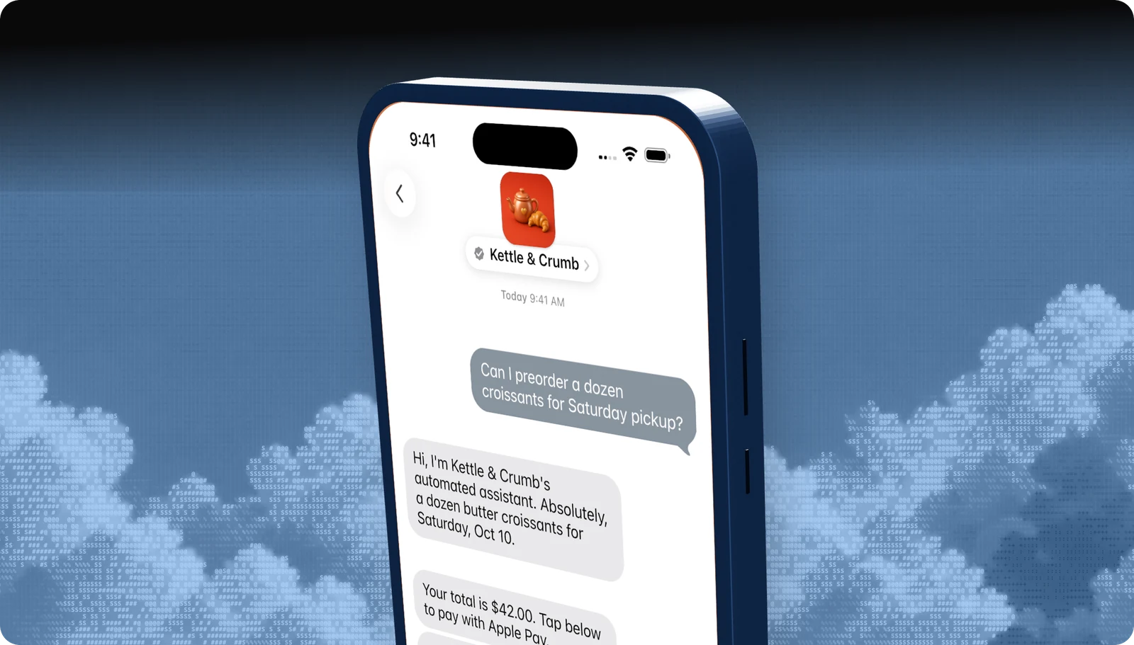 Kettle & Crumb conversation on an iPhone: a preorder question leads straight to an Apple Pay request