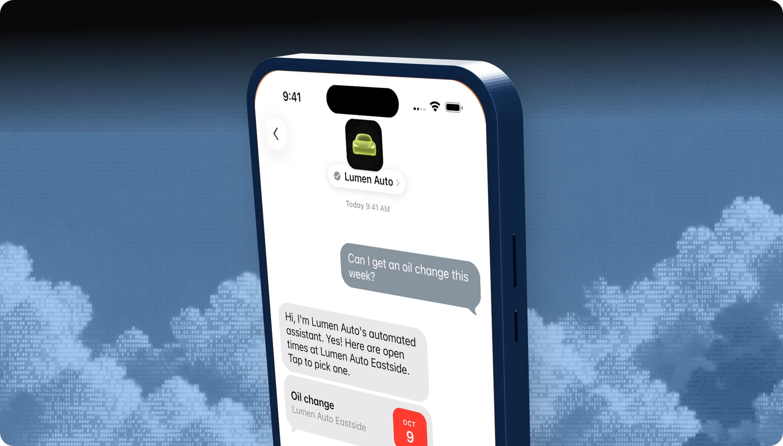 Lumen Auto conversation on an iPhone: the automated assistant offers open oil-change times at Lumen Auto Eastside in a Time Picker