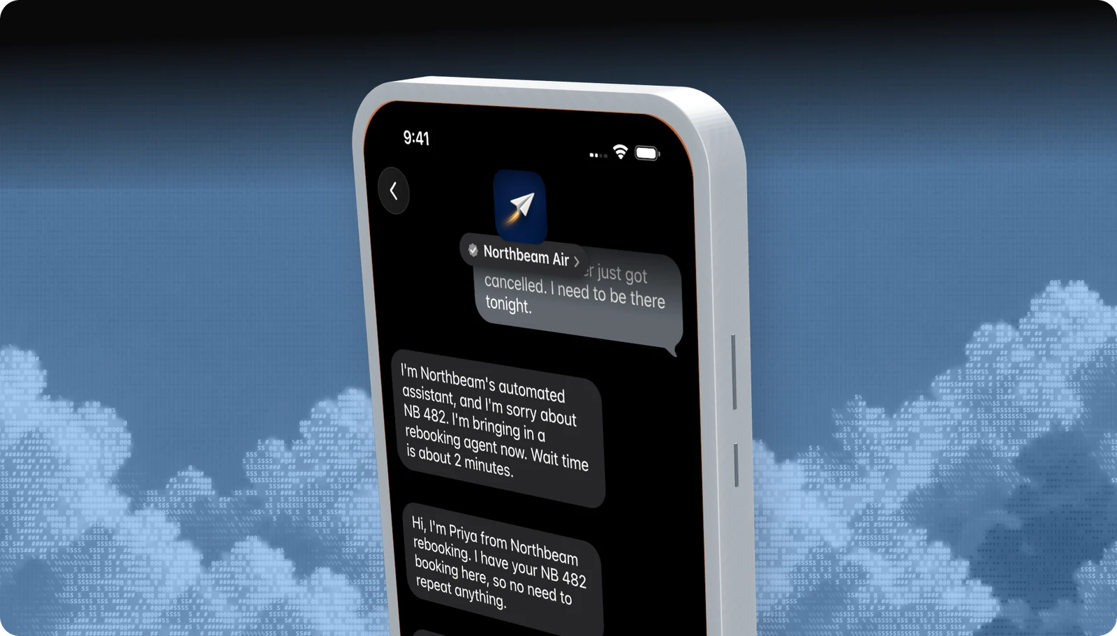 Northbeam Air conversation on an iPhone in dark mode: a transfer notice with a two minute wait, then an agent introduces herself by name