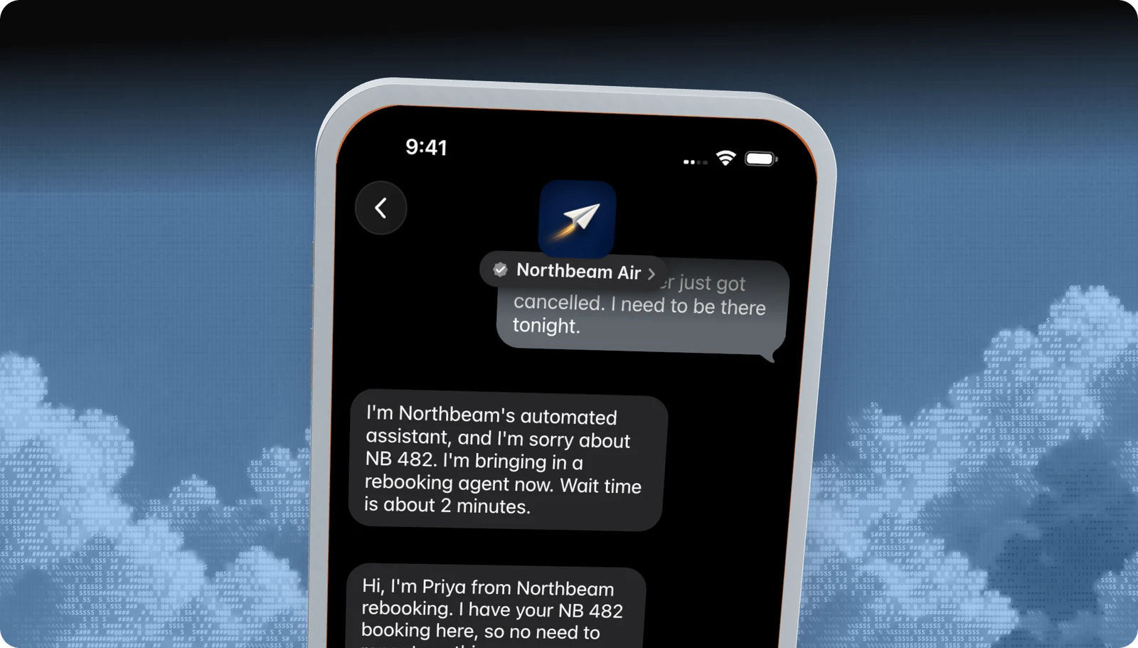 Northbeam Air conversation on an iPhone in dark mode: the automated assistant apologises for a cancelled flight and hands the customer to Priya from rebooking, who already has the booking