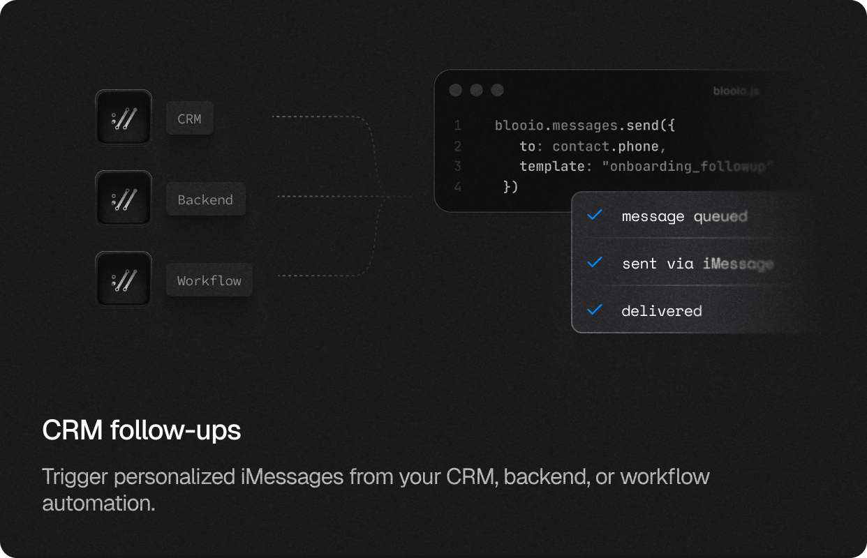 CRM follow-ups. Trigger personalized iMessages from your CRM, backend, or workflow automation.