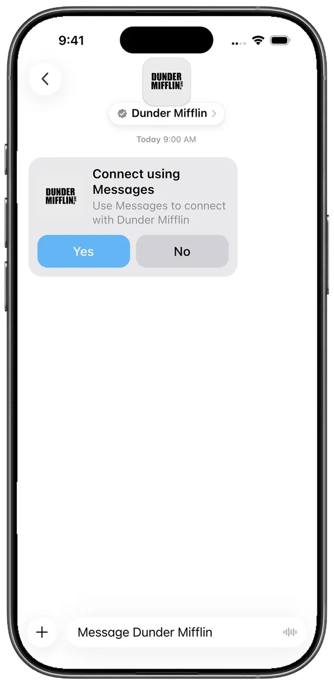 A Dunder Mifflin invitation to connect using Messages, with Yes and No buttons