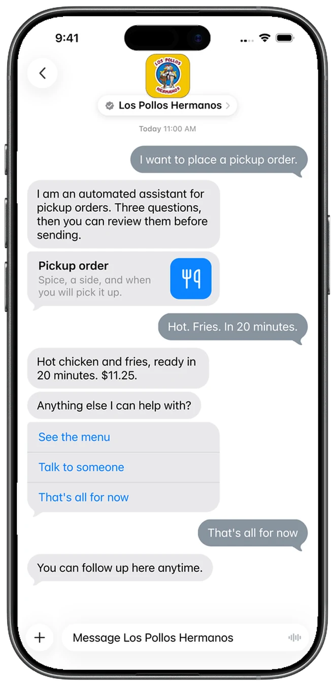 A pickup order form inside Apple Messages for Business