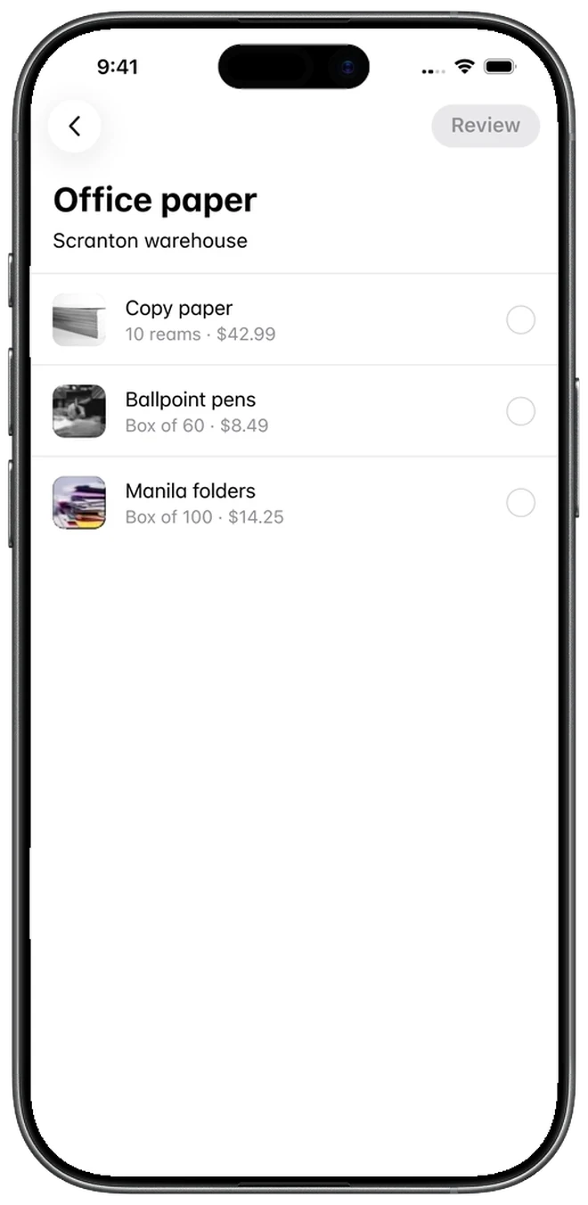 The Office paper list picker open, with copy paper, pens, and folders