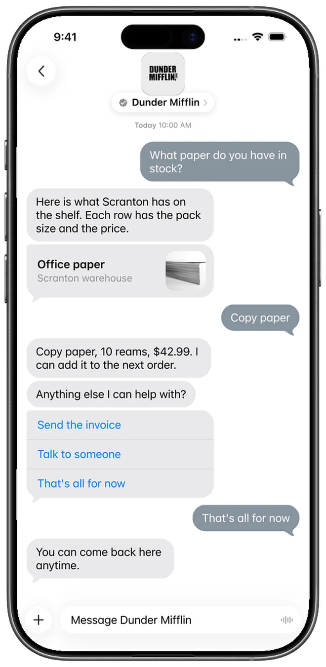 A list of paper options with images inside Apple Messages for Business