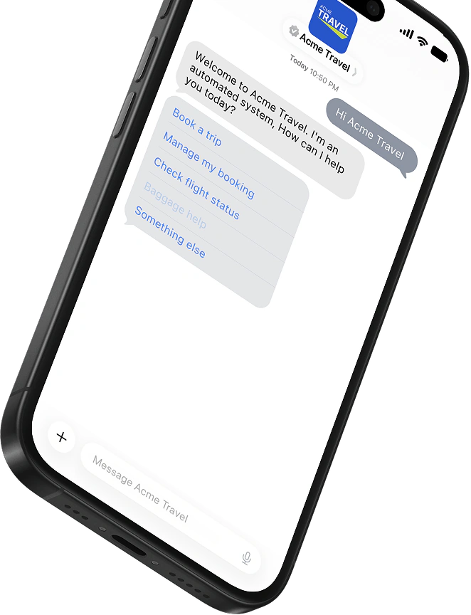 Acme Travel quick reply options in a tilted phone