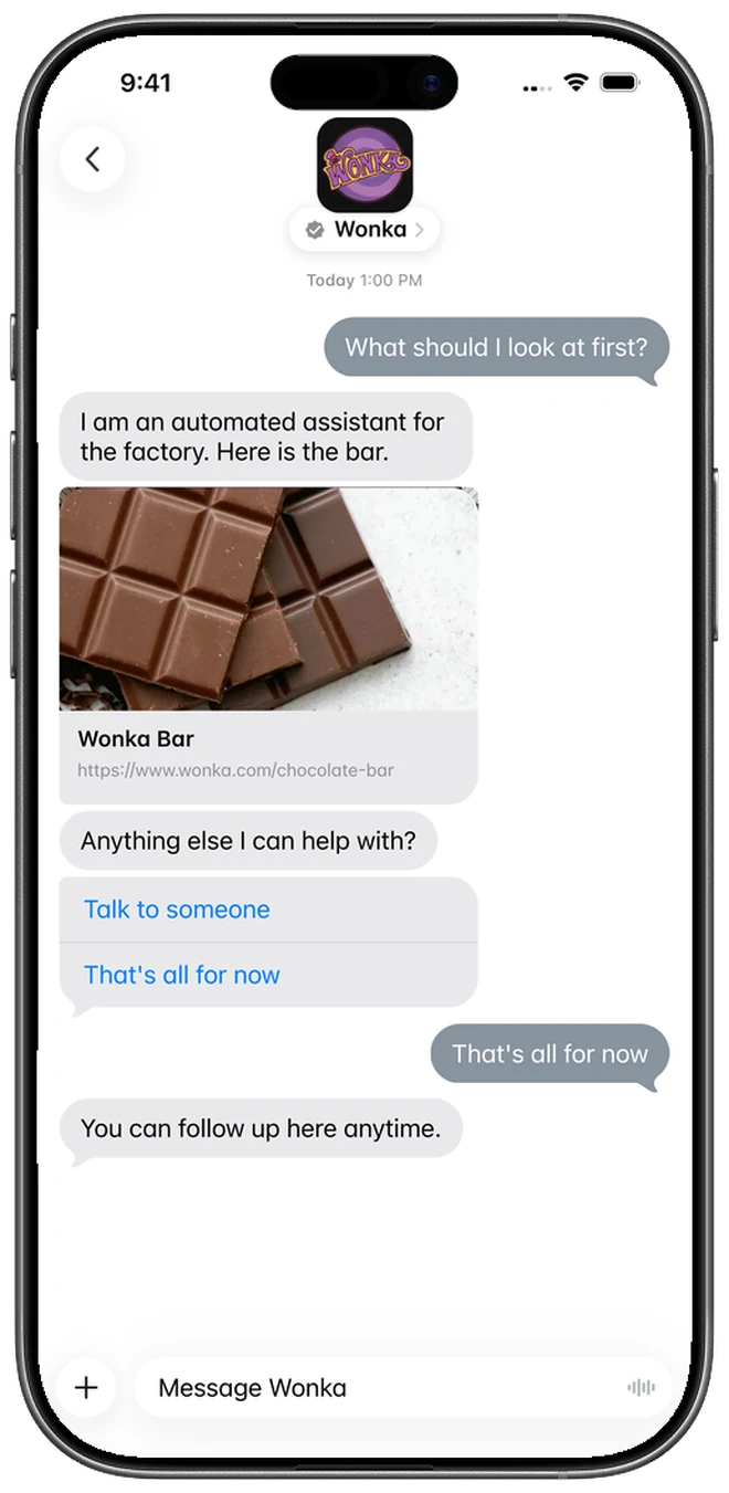 A rich link preview of a product inside Apple Messages for Business